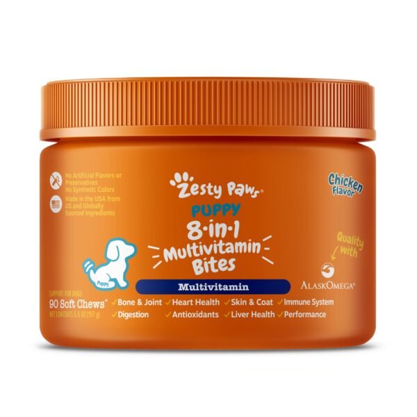 Zesty Paws Multivitamin Treats for Dogs - Glucosamine Chondroitin for Joint Support + Digestive Enzymes & Probiotics - Grain Free Dog Vitamin for Skin & Coat + Immune Health - Puppy - 90 Count
